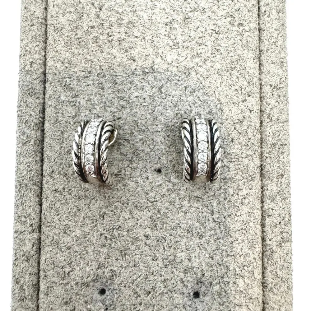 DAVID YURMAN Silver Cable Classic Huggie Earrings Pave Diamonds DY 925 Jewelry